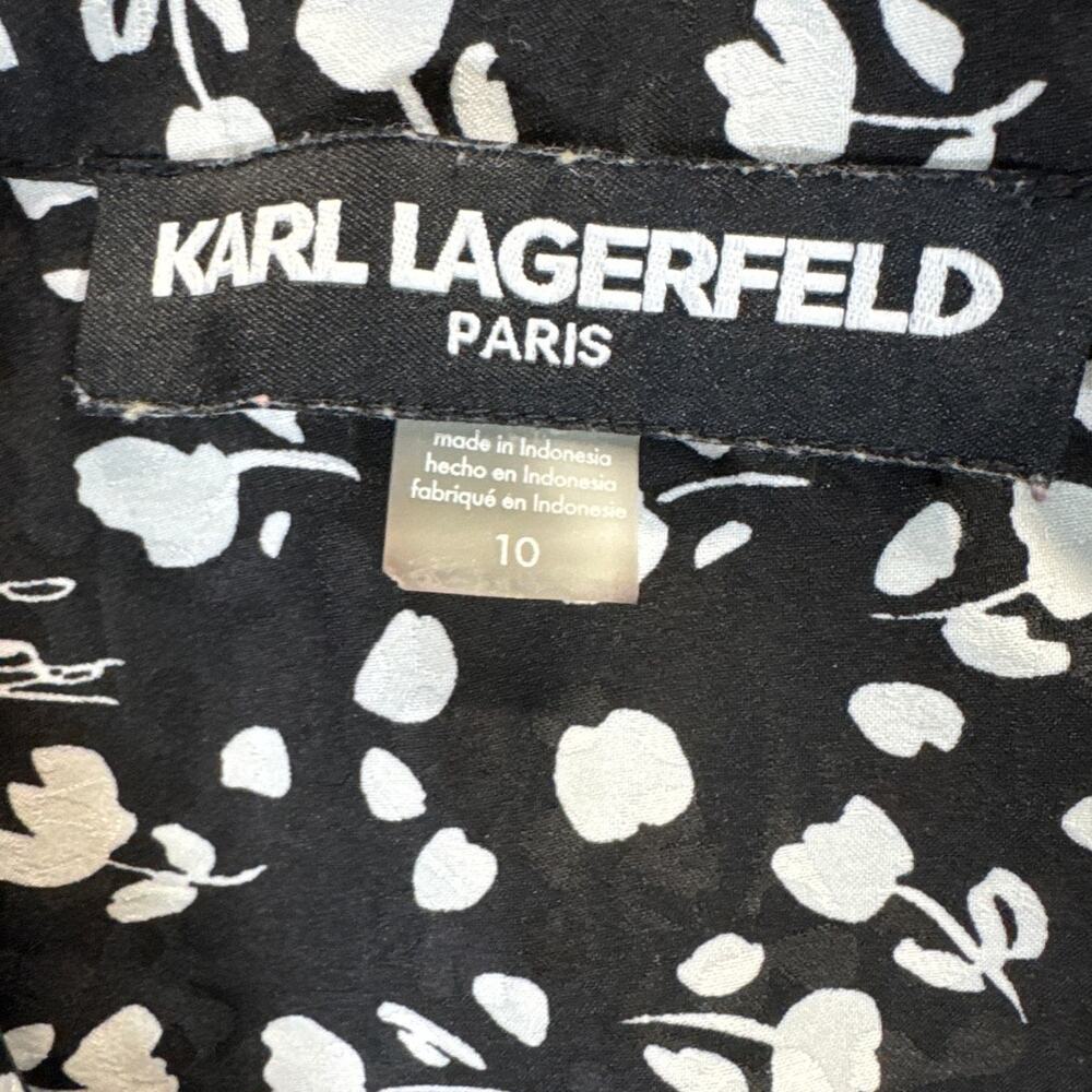 Karl Lagerfeld Black Floral Sheer Long Sleeve Crepe Button Shirtdress Women 10 - Picture 9 of 9